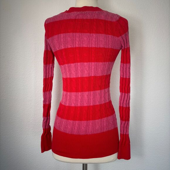 Y2K American Eagle Womens V-neck Sweater S Cable knit Striped Multicolor 2011 - Picture 3 of 13